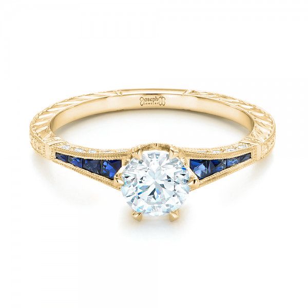 14k Yellow Gold 14k Yellow Gold Blue Sapphire And Diamond Engagement Ring - Flat View -  102676