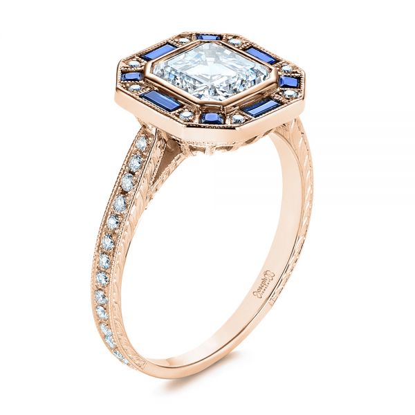 18k Rose Gold 18k Rose Gold Blue Sapphire And Diamond Halo Engagement Ring - Three-Quarter View - 105773