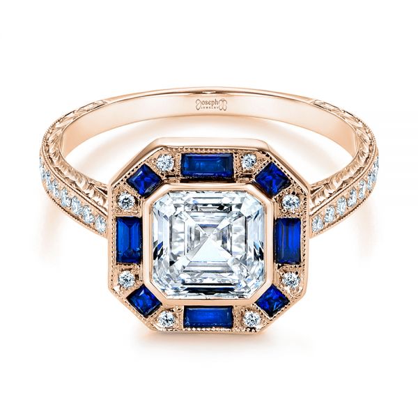 14k Rose Gold 14k Rose Gold Blue Sapphire And Diamond Halo Engagement Ring - Flat View -  105773