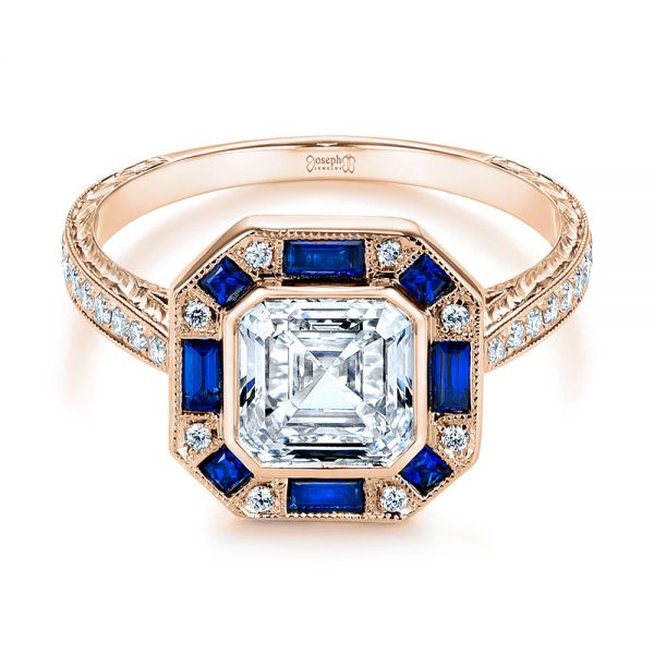 18k Rose Gold 18k Rose Gold Blue Sapphire And Diamond Halo Engagement Ring - Flat View - 105773
