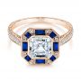 18k Rose Gold 18k Rose Gold Blue Sapphire And Diamond Halo Engagement Ring - Flat View -  105773 - Thumbnail