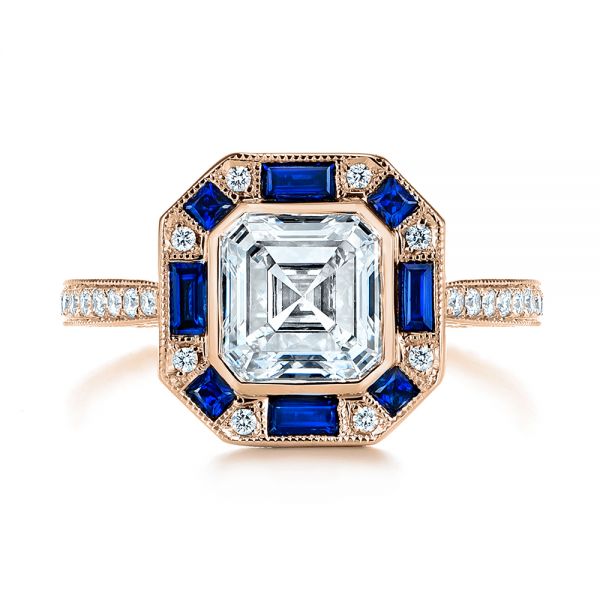 18k Rose Gold 18k Rose Gold Blue Sapphire And Diamond Halo Engagement Ring - Top View - 105773