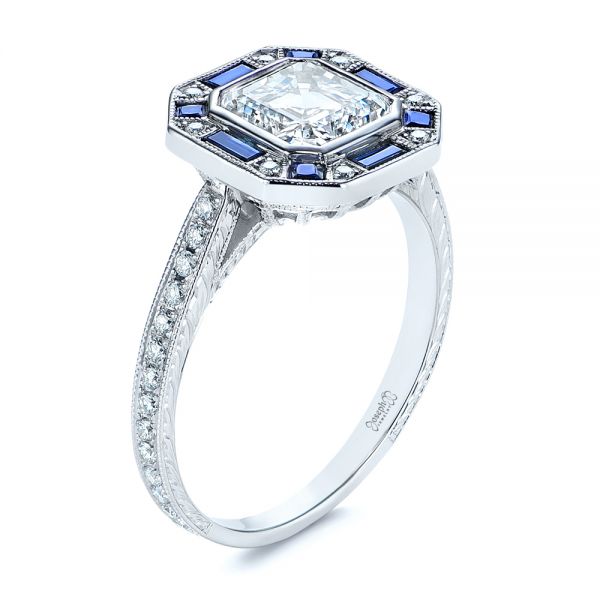 18k White Gold Blue Sapphire And Diamond Halo Engagement Ring - Three-Quarter View -  105773