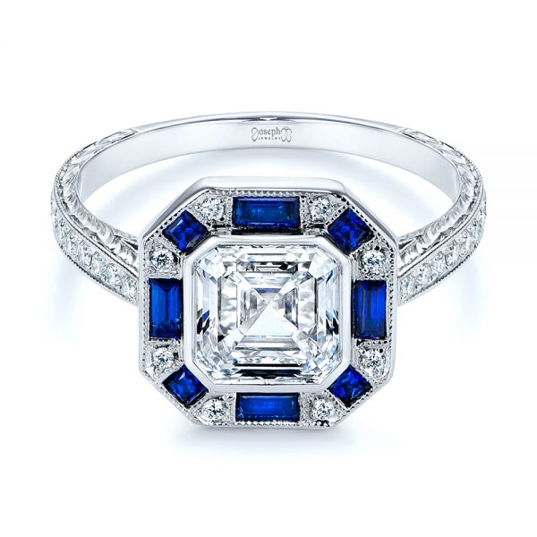 18k White Gold Blue Sapphire And Diamond Halo Engagement Ring - Flat View - 105773