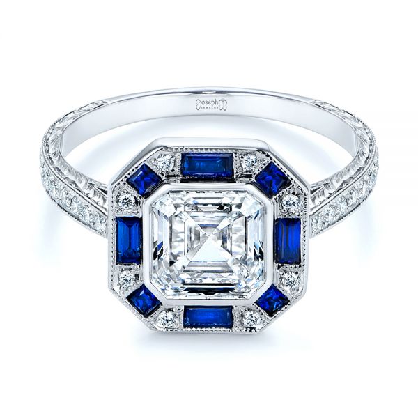 18k White Gold Blue Sapphire And Diamond Halo Engagement Ring - Flat View -  105773