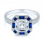 18k White Gold Blue Sapphire And Diamond Halo Engagement Ring - Flat View -  105773 - Thumbnail