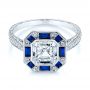 18k White Gold Blue Sapphire And Diamond Halo Engagement Ring - Flat View -  105773 - Thumbnail