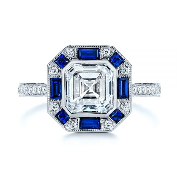 18k White Gold Blue Sapphire And Diamond Halo Engagement Ring - Top View - 105773
