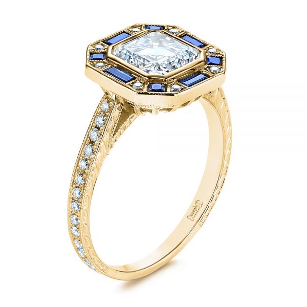 14k Yellow Gold 14k Yellow Gold Blue Sapphire And Diamond Halo Engagement Ring - Three-Quarter View - 105773