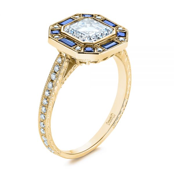 14k Yellow Gold 14k Yellow Gold Blue Sapphire And Diamond Halo Engagement Ring - Three-Quarter View -  105773