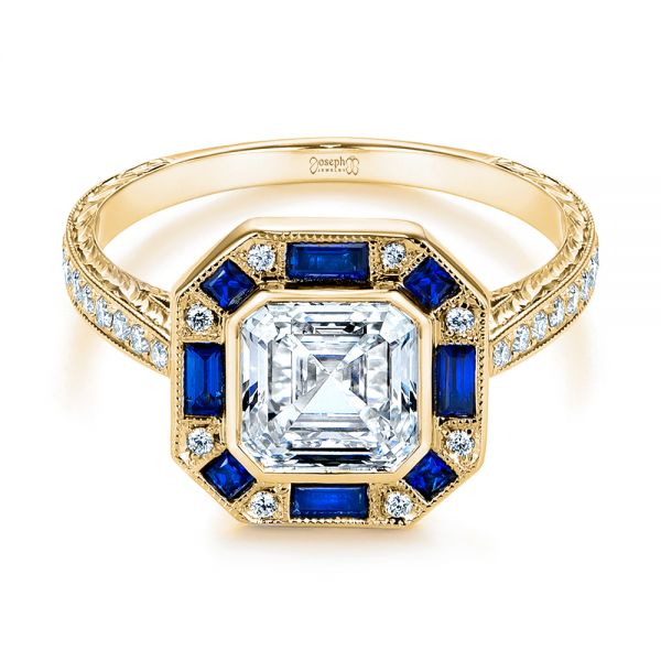 18k Yellow Gold 18k Yellow Gold Blue Sapphire And Diamond Halo Engagement Ring - Flat View -  105773