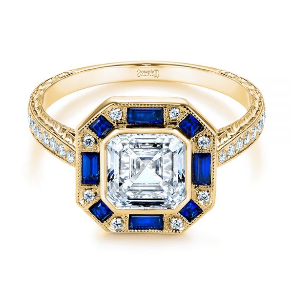 14k Yellow Gold 14k Yellow Gold Blue Sapphire And Diamond Halo Engagement Ring - Flat View - 105773
