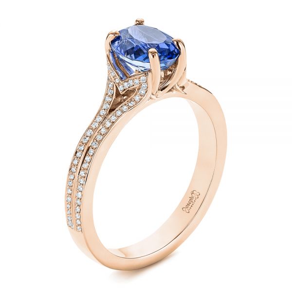 18k Rose Gold 18k Rose Gold Blue Sapphire And Diamond Split Shank Engagement Ring - Three-Quarter View -  105197