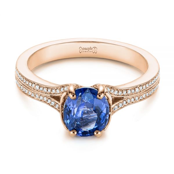 14k Rose Gold 14k Rose Gold Blue Sapphire And Diamond Split Shank Engagement Ring - Flat View -  105197