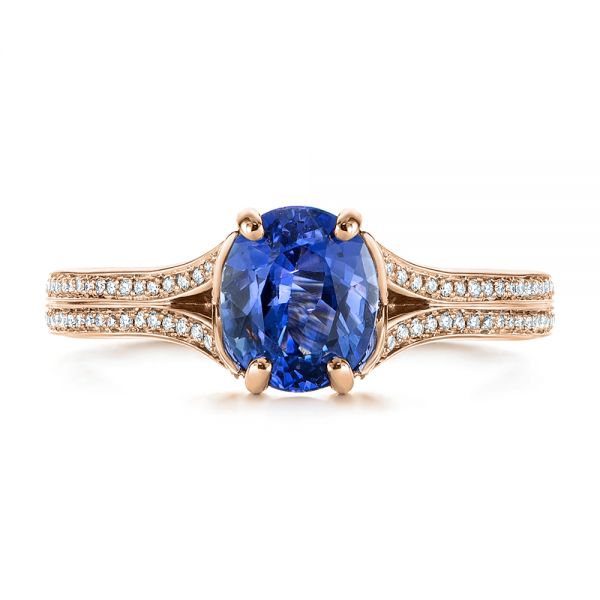 18k Rose Gold 18k Rose Gold Blue Sapphire And Diamond Split Shank Engagement Ring - Top View -  105197