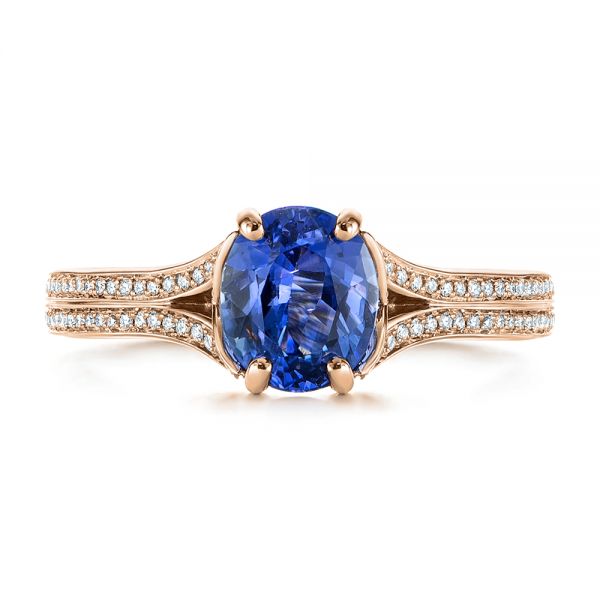 14k Rose Gold 14k Rose Gold Blue Sapphire And Diamond Split Shank Engagement Ring - Top View - 105197