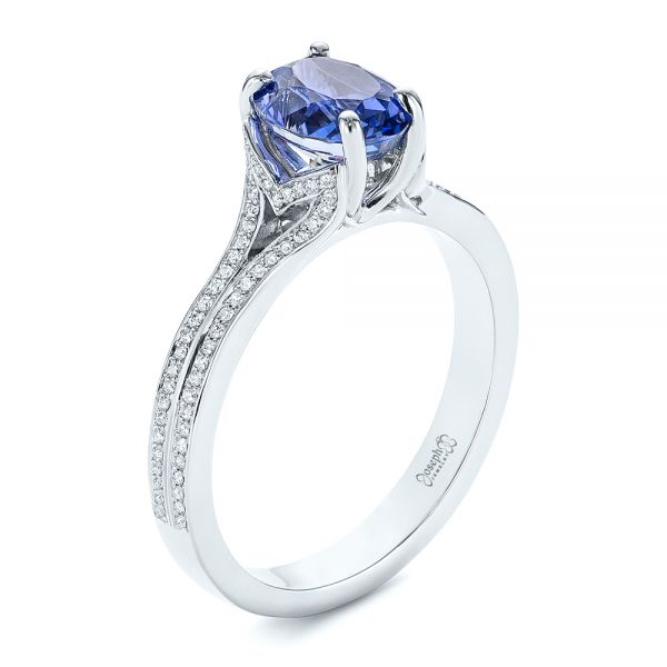 Blue Sapphire and Diamond Split Shank Engagement Ring - Image