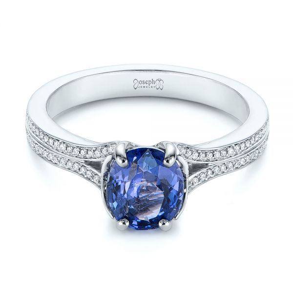 18k White Gold 18k White Gold Blue Sapphire And Diamond Split Shank Engagement Ring - Flat View -  105197