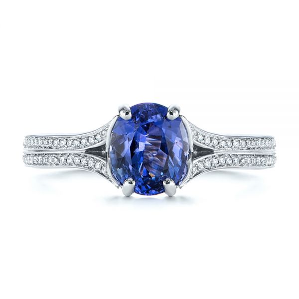 18k White Gold 18k White Gold Blue Sapphire And Diamond Split Shank Engagement Ring - Top View -  105197