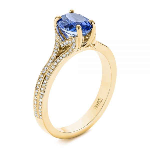 18k Yellow Gold 18k Yellow Gold Blue Sapphire And Diamond Split Shank Engagement Ring - Three-Quarter View -  105197