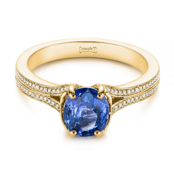 18k Yellow Gold 18k Yellow Gold Blue Sapphire And Diamond Split Shank Engagement Ring - Flat View -  105197