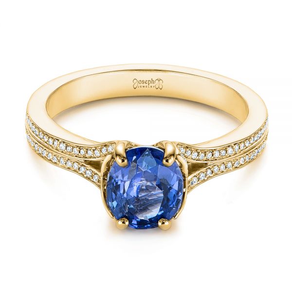 14k Yellow Gold 14k Yellow Gold Blue Sapphire And Diamond Split Shank Engagement Ring - Flat View -  105197