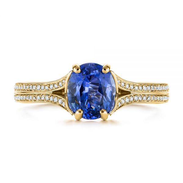 18k Yellow Gold 18k Yellow Gold Blue Sapphire And Diamond Split Shank Engagement Ring - Top View -  105197