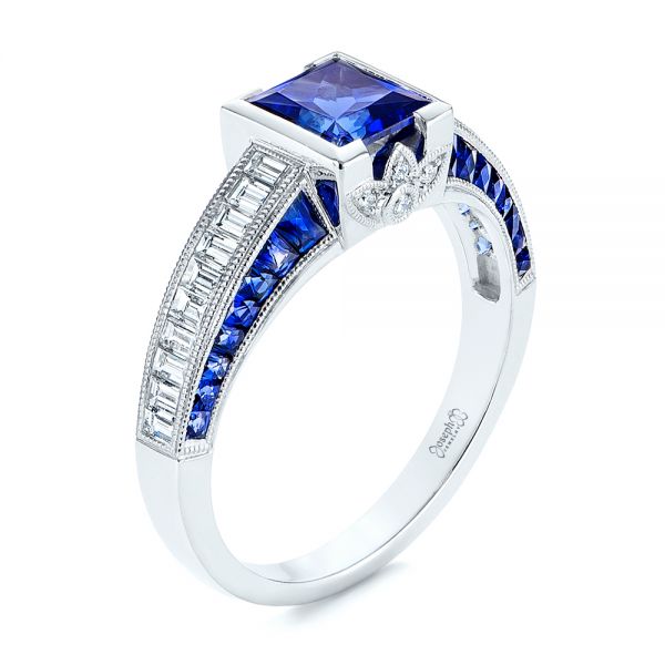 14k White Gold Blue Sapphire And Diamond Vintage-inspired Engagement Ring - Three-Quarter View -  105788