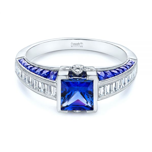 14k White Gold Blue Sapphire And Diamond Vintage-inspired Engagement Ring - Flat View -  105788