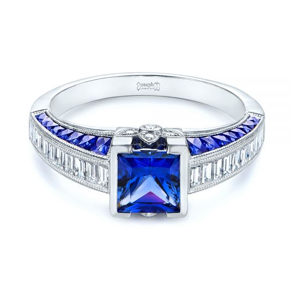 14k White Gold Blue Sapphire And Diamond Vintage-inspired Engagement Ring - Flat View - 105788