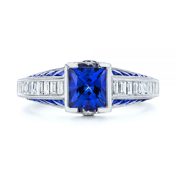 14k White Gold Blue Sapphire And Diamond Vintage-inspired Engagement Ring - Top View - 105788