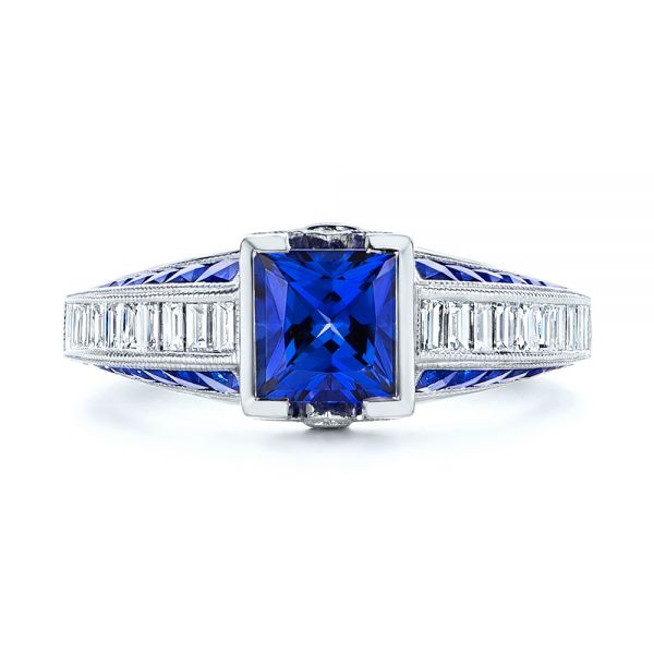 14k White Gold Blue Sapphire And Diamond Vintage-inspired Engagement Ring - Top View -  105788