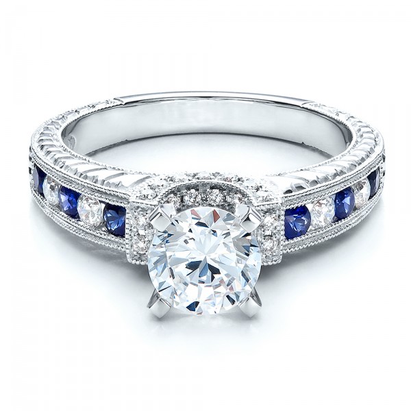  Platinum Blue Sapphires Engagement Ring - Vanna K - Flat View -  100038