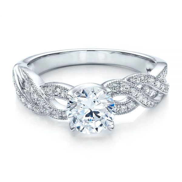 18k White Gold Braided Pave Engagement Ring - Vanna K - Flat View -  100070