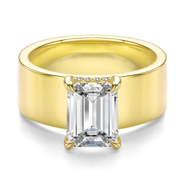 14k Yellow Gold Cigar Band Emerald Cut Diamond Engagement Ring - Flat View - 108051