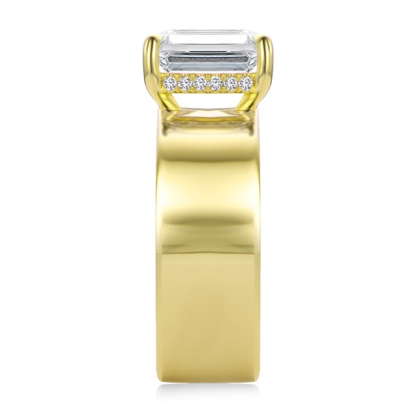 14k Yellow Gold Cigar Band Emerald Cut Diamond Engagement Ring - Side View - 108051