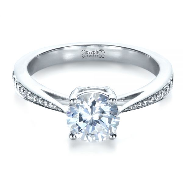 18k White Gold Classic Engagement Ring With Bright Cut Set Diamonds - Flat View -  1396