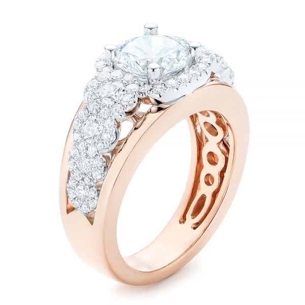 14k Rose Gold And 14K Gold Cluster Diamonds And Halo Two-tone Engagement Ring - Three-Quarter View -  102488