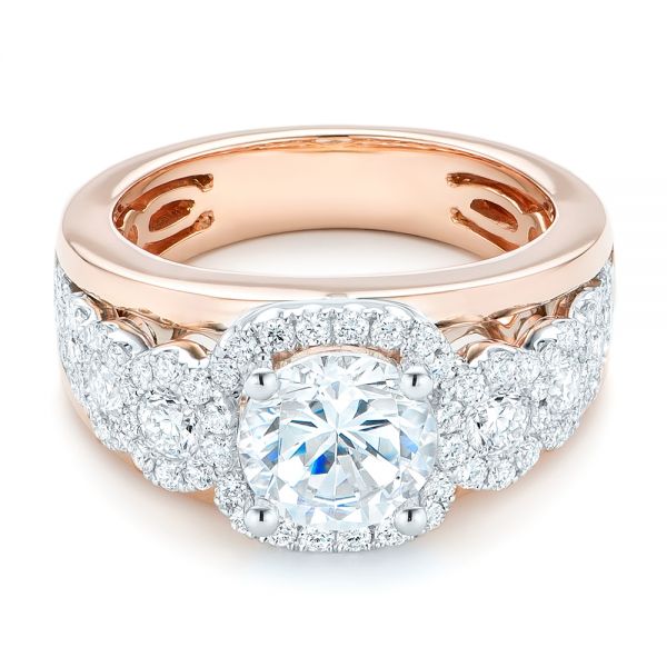 14k Rose Gold And 14K Gold Cluster Diamonds And Halo Two-tone Engagement Ring - Flat View -  102488