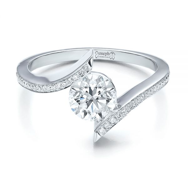 18k White Gold Contemporary Tension Set Pave Diamond Engagement Ring - Flat View - 100285