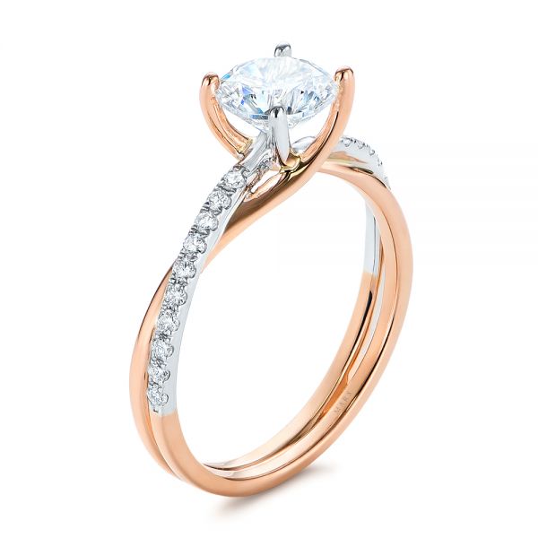 18k Rose Gold And 18K Gold Criss Cross Two Tone Diamond Engagement Ring - Three-Quarter View -  105329