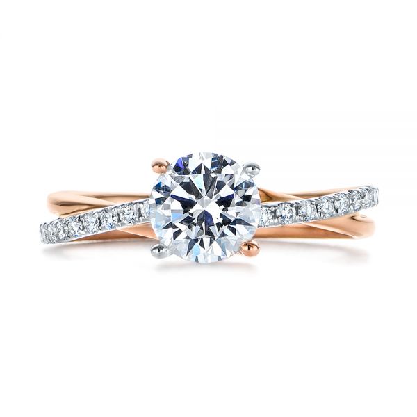 18k Rose Gold And 18K Gold Criss Cross Two Tone Diamond Engagement Ring - Top View - 105329