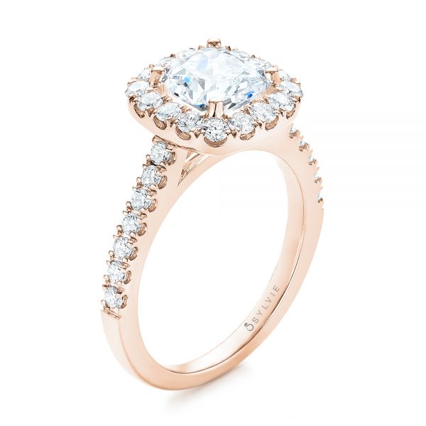 14k Rose Gold 14k Rose Gold Cushion Halo Diamond Engagement Ring - Three-Quarter View -  103993