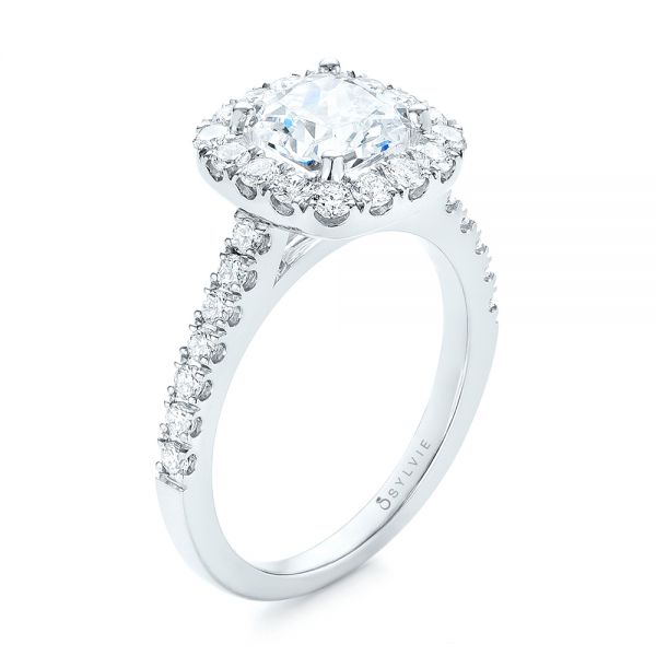 14k White Gold Cushion Halo Diamond Engagement Ring - Three-Quarter View -  103993