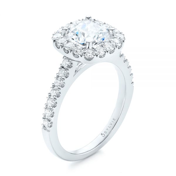  Platinum Platinum Cushion Halo Diamond Engagement Ring - Three-Quarter View -  103993