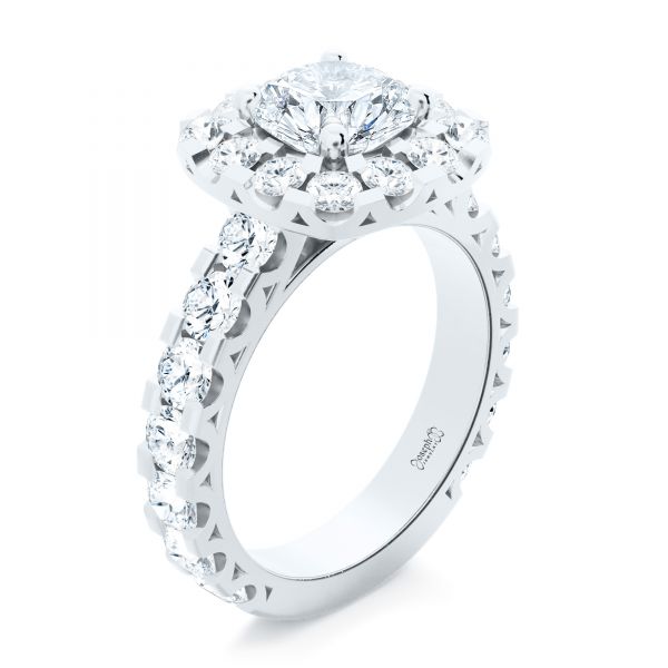  14K Gold Cushion Halo Diamond Engagement Ring - Three-Quarter View -  107272