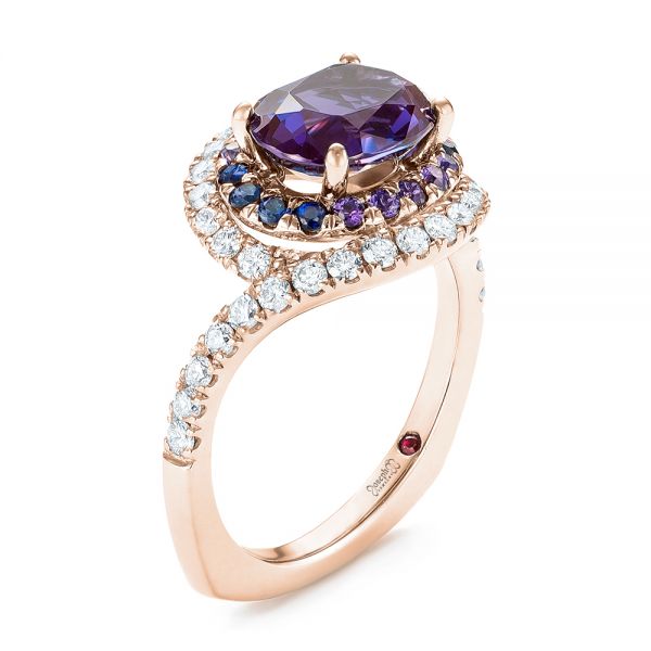 14k Rose Gold 14k Rose Gold Custom Alexandrite Blue And Purple Sapphire And Diamond Halo Engagement Ring - Three-Quarter View -  103443