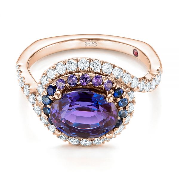 18k Rose Gold 18k Rose Gold Custom Alexandrite Blue And Purple Sapphire And Diamond Halo Engagement Ring - Flat View -  103443