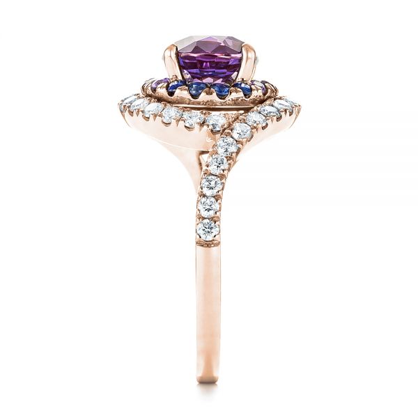 14k Rose Gold 14k Rose Gold Custom Alexandrite Blue And Purple Sapphire And Diamond Halo Engagement Ring - Side View -  103443