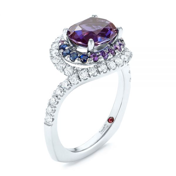  Platinum Platinum Custom Alexandrite Blue And Purple Sapphire And Diamond Halo Engagement Ring - Three-Quarter View -  103443